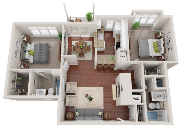 Floor plan for 2 beds, 2 baths, 790 sqft